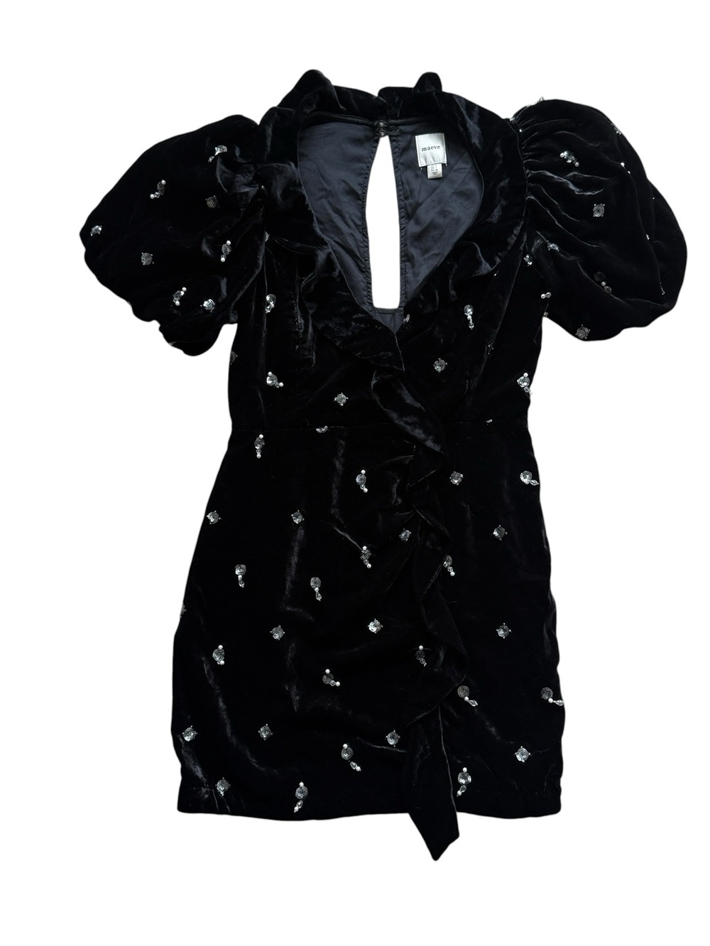 Anthropologie Maeve Black Velvet Mini Dress 2 Sequin Pearl Puff Sleeve Party - Picture 4 of 14